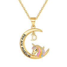 Unicorn Necklace for Girls - 14K Gold Plated Letter D Initial Necklace for Teens