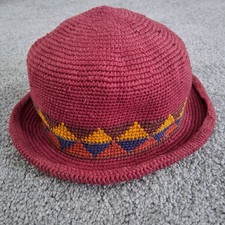 Vintage Hand Crocheted Nebaj Hat Deep Red Geo...