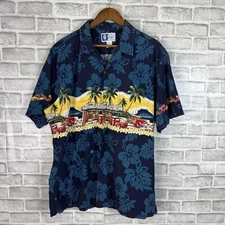 FJC Hawaiian Wrap Around Woody Graphics Tropical Camp Shirt Mens XL FLAWED