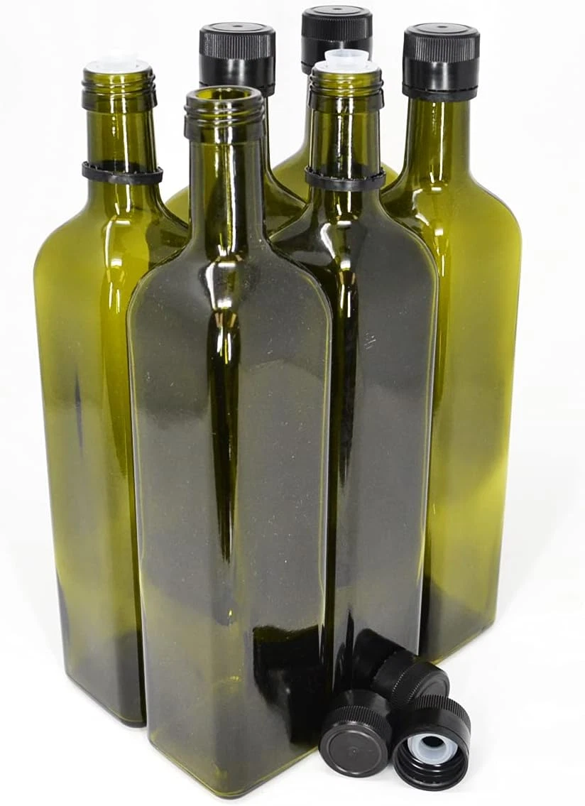 Olive Oil Bottles with Cap & Pourer Fitment, Green, 750Ml - Pack of 6