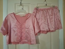 Vintage Victoria Secret Gold Label 90's Short Sleeve Top Bottom PJ Set Sz M Pink