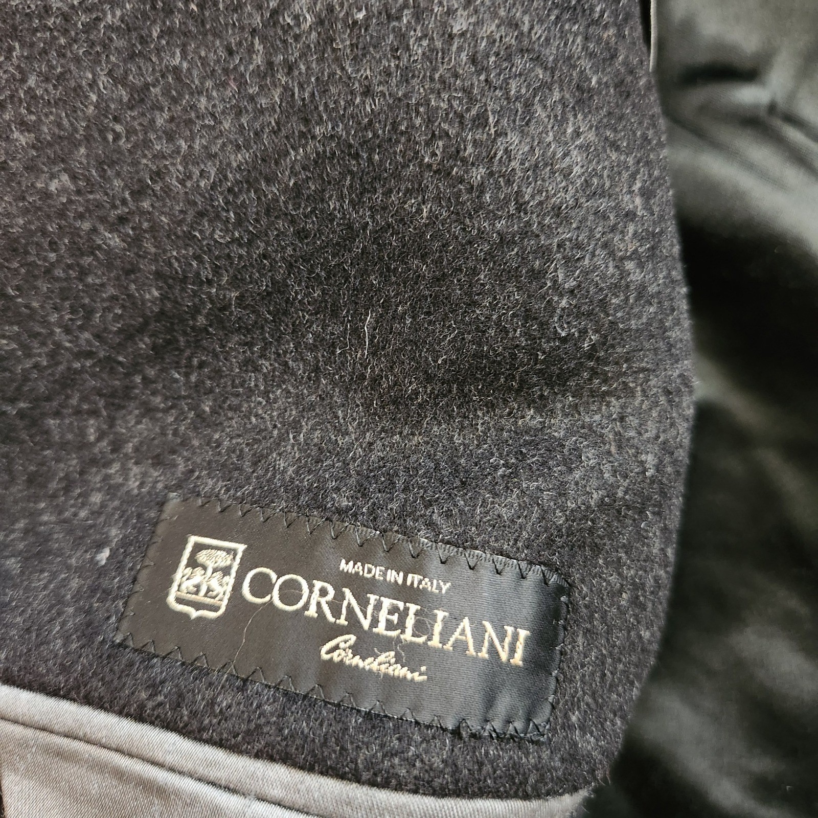 Corneliani EU 50 US 40R Overcoat Virgin Wool Black Charcoal Gray Long Coat Italy - second product detail image
