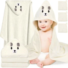 4 Pcs Baby Towels Set, 32x32 in Hooded Bath Towel and 3 Pcs Baby Washcloths f...