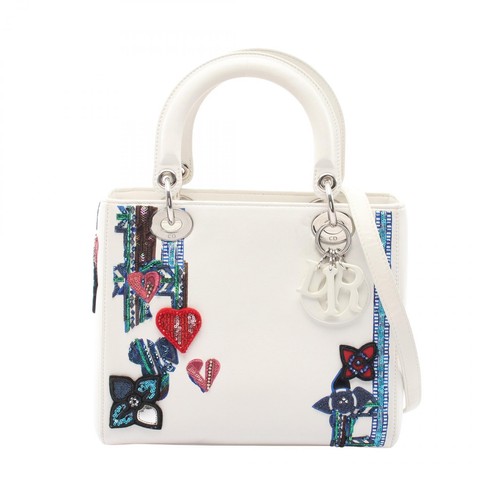 Christian Dior LADY DIOR Sequin Embroidered Patch Shoulder Handbag leather White