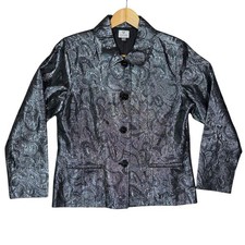 Chico's Paisley Brocade Jacket Women 2 Silver Metallic Iridescent Button Blazer