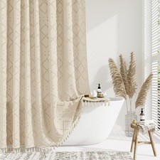 72x72 Beige Fabric Shower Curtain, Boho Tufted Geometric Striped Tassel Shower
