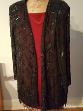 Sequined Jacket Black India 3/4 Length Beaded Trim Dangles at Hem