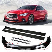 Glossy Front Bumper Lip Spoiler + Side Skirts + Strut Rods For Infiniti Q50 Q60