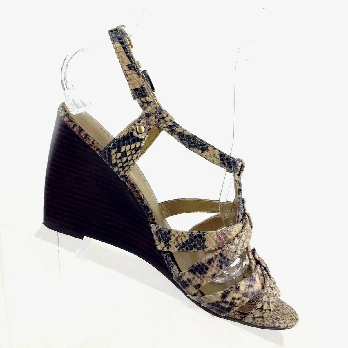 Dana Buchman Sz 7 1 2 M Leather Snakeprint T Strap Slingback Wedge Sandal Heels