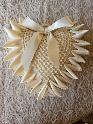 Wedding Ring Bearer Heart Pillow Handmade Starched Crochet Satin Bow Ivory  Beige