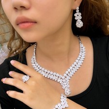 Sparkling Wedding Silver Plated Zircon Flower Leaf Chandelier Women Jewelry Set