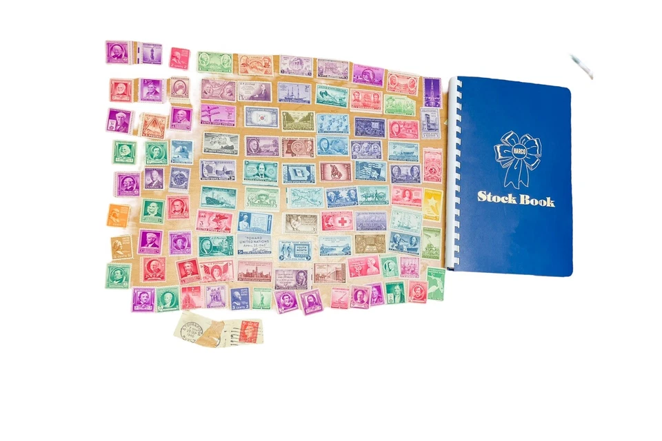 Stamp Collection Unused 1 Cent 2Cent 3Cent VTG W/ Book Lot Of 96 Red Blue Green - Image 2 of 4