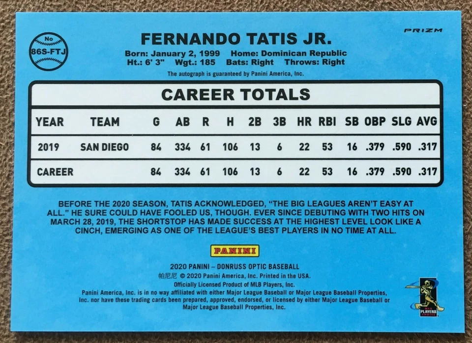 Fernando Tatis Jr. 2020 Donruss Optic Retro '86 Plata Autógrafo #86S-FJT Padres Foto 4 de 4