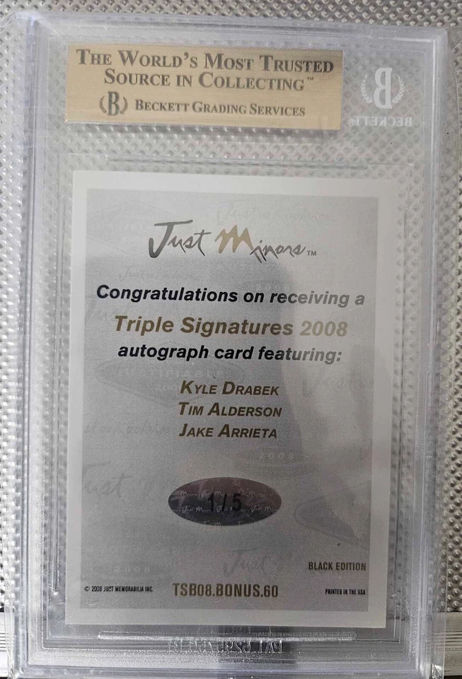 Just Minors Triple Signature 2008 negro Jake Arrieta radiocontrol Drabek Alderson automático 1/5 Foto 2 de 2