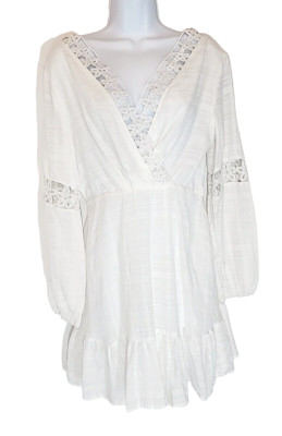 Qiao Mei Jia Ren Boho Short White Floral Crochet Ruffle Dress Women's MEDIUM