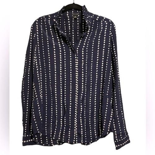 Ann Taylor Women's Navy with White Polka Dots Popover Blouse with Ruffle Neck XS