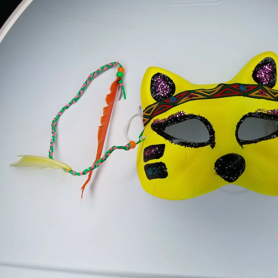 Halloween Cat Mask Paper Mache Yellow Glitter Feathers Elastic Band Indian FC - Image 3 of 4