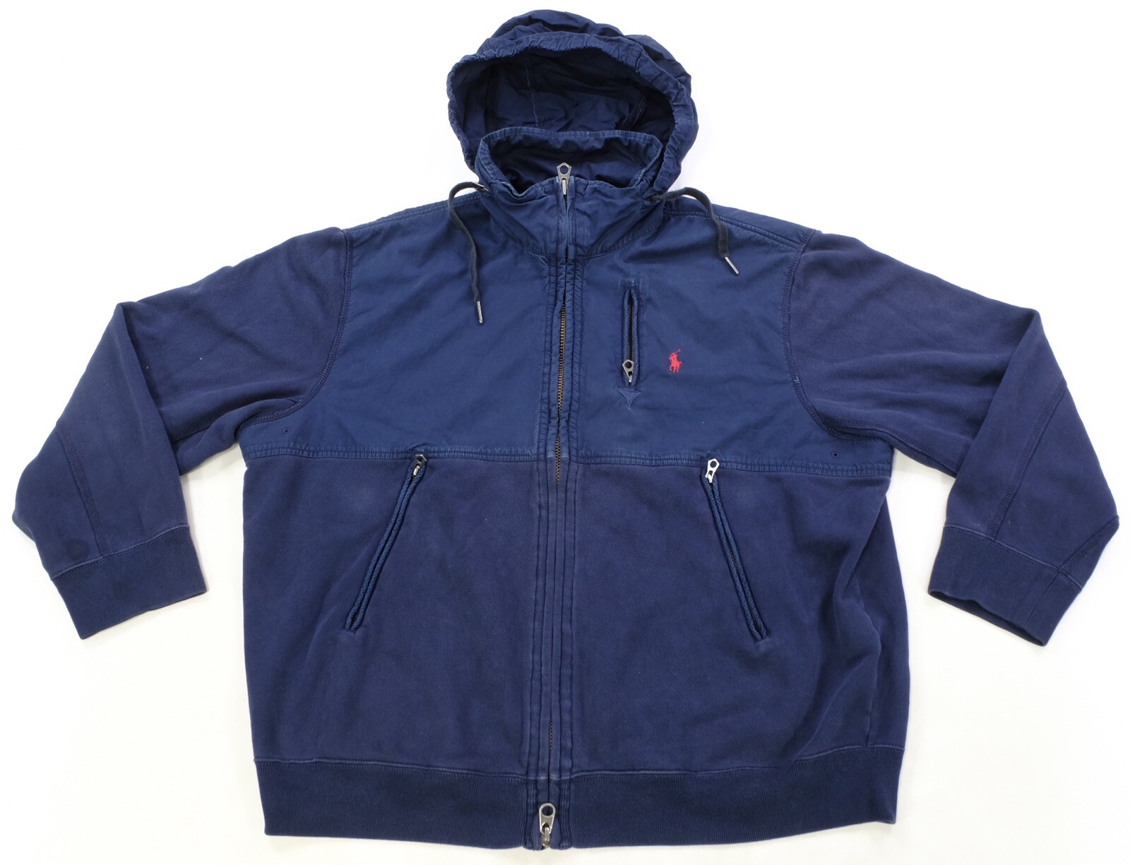 Rara giacca con cappuccio vintage POLO SPORT piccola pony cerniera intera anni '90 blu navy taglia 2XL