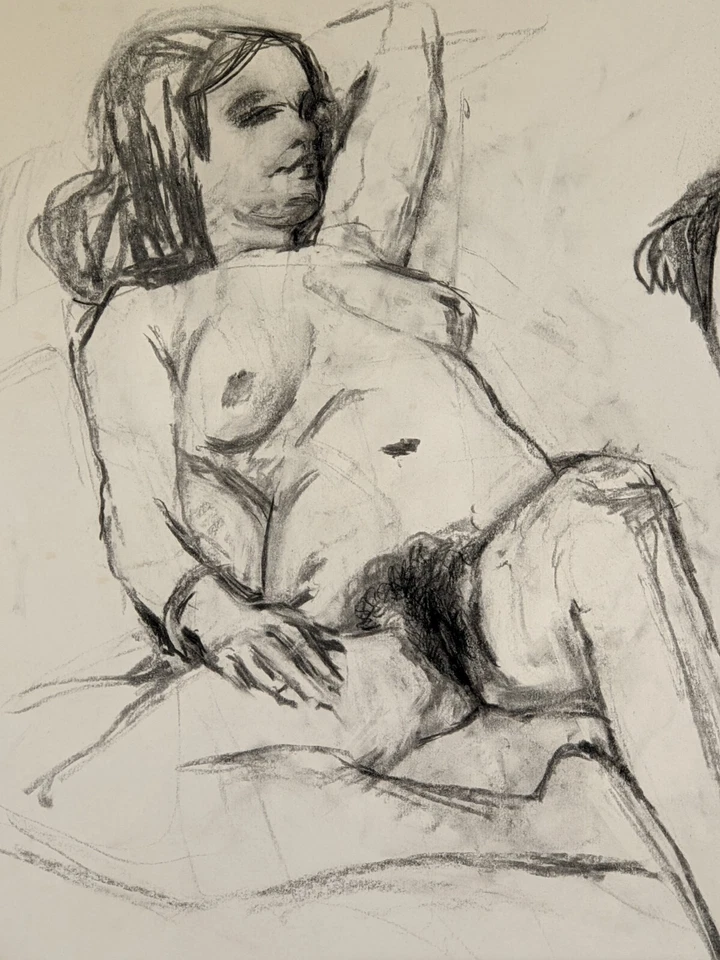 Large Original pencil & charcoal drawing by Lewis Davies 1939-2010 nude woman - Image 4 of 4
