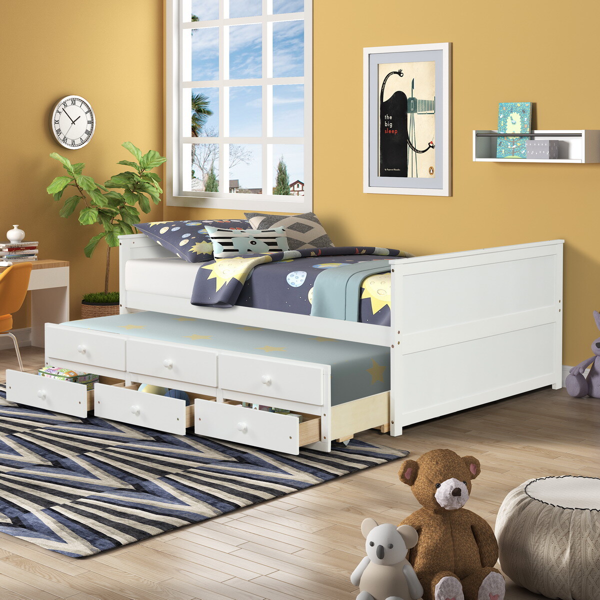 Full Size Captains Bed w/ Storage Drawer Twin Size Trundle Bed Wooden Bed Frames