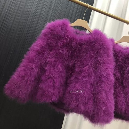 Women Genuine Ostrich Feather Fur Furry Real Fur Coat Short Jacket Parka Outwear - Picture 8 of 43