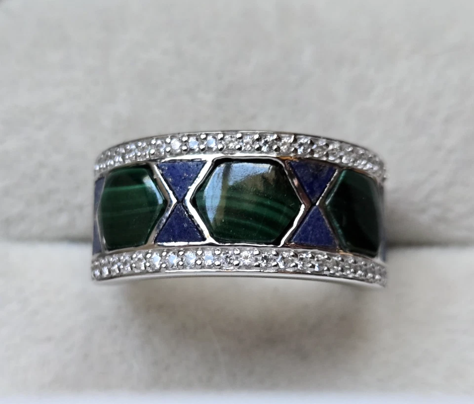 Anillo de plata esterlina sobre rodio 0,45 ctw para hombre lapislázuli/malaquita/circón, talla 9,5 Foto 3 de 4