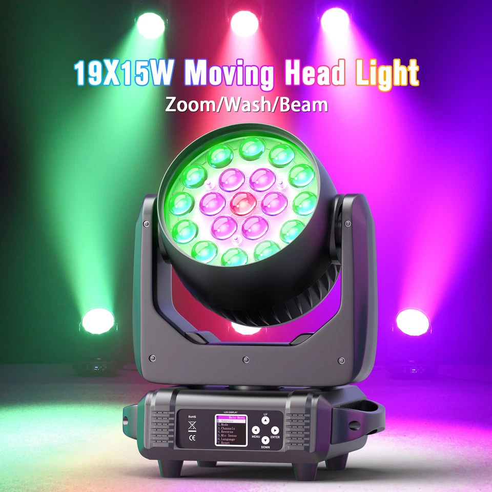 DMX 19x15W RGBW 4-in-1 LED Wash Zoom Moving Head Beam Light DJ Party Stage Light - Image 2 of 4