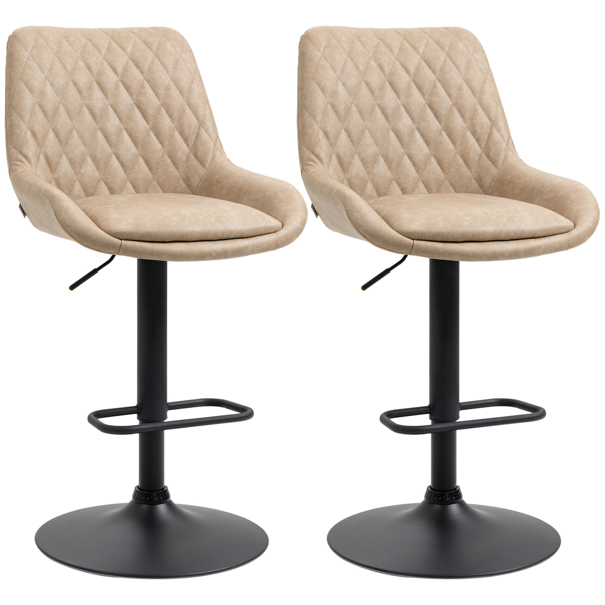 Rackhams Light Retro Bar Stools Set Of 2, Adjustable Kitchen Stool, Upholstered Bar Chairs With Back, Swivel Seat, Khaki - Khaki - Image 2