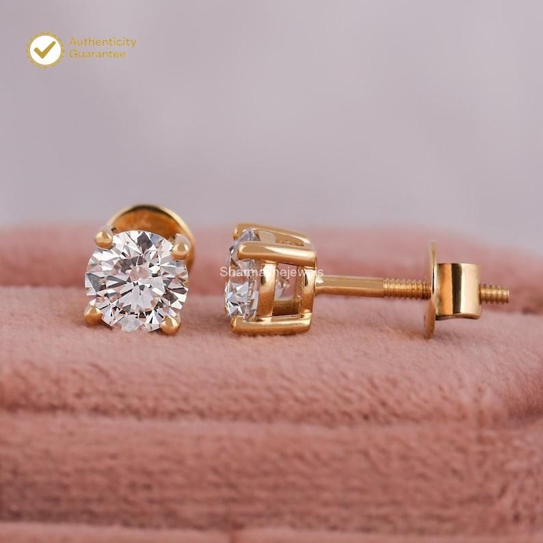 2ct Round Certified Natural Diamond Studs Earrings 14K Solid Yellow Gold #237