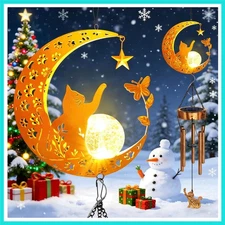 Solar Moon Cat Wind Chimes,Cat Gifts for Mom Women Men Sympathy Festival Birt...