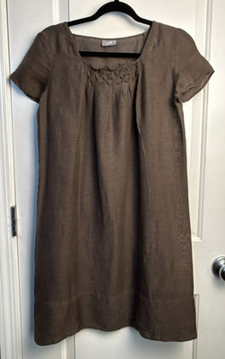J Jill Women's Dress Short Sleeve Brown Sheer Linen PTP 18''/M Lagenlook No Slip