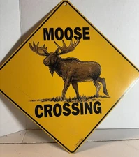 Novelty Metal Sign " Moose Crossing" Yellow Brown Black Letters Diamond Mounting
