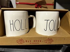 Rae Dunn Christmas HOLLY  JOLLY White Mug Set of 2 Christmas Mugs