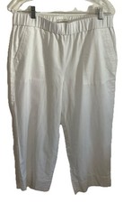 Talbots Pants L 34  White LINEN Pull On Stretch Waist Minimalist Light Academia