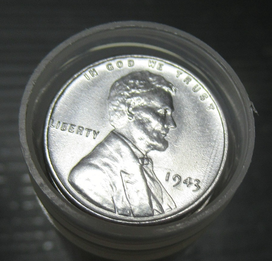 SEALED ORIGINAL 1943-P AU++ TO BU STEEL WHEAT CENT ROLL IN PLASTIC TUBE NICE!!