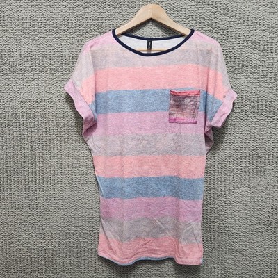 CASA LEE Women's Pink Blue Striped Pocket Short Sleeve Top Size L