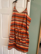 Ladies Orange Geometric Shift Dress Strappy Sleeveless Drawstring Waist