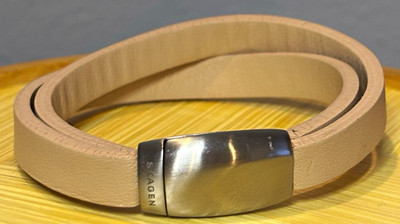 Authentic Skagen Denmark Leather Double Wrap Bracelet   Brushed Stainless Steel