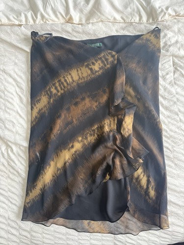 Lauren Ralph Lauren Womens Abstract Black Beige Chiffon Ruffle Skirt M