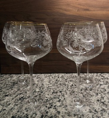 Set Of 4 Anthropologie Sante red Wine Glasses 9 ½  Tall etched gold 