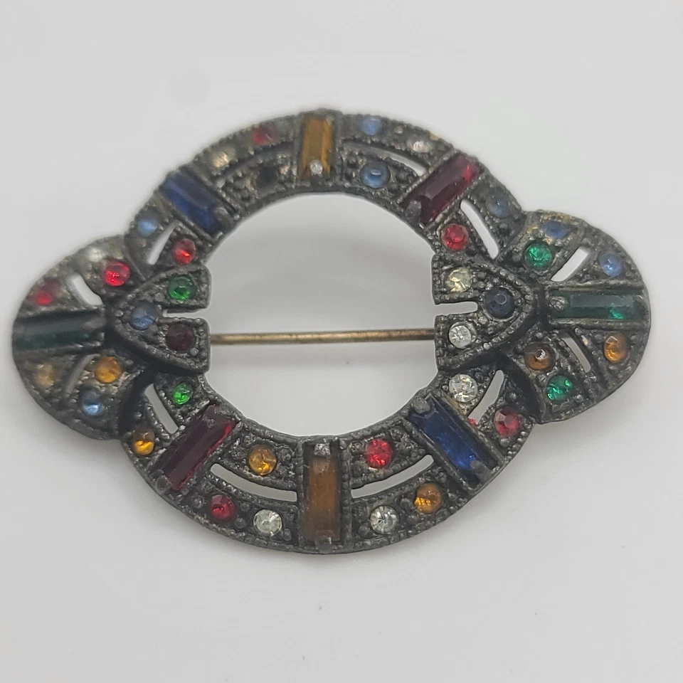 Broche de metal vintage Art Deco pedrería arco iris LEER Foto 3 de 4