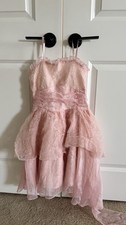 Girls Pink Hi-Low Tulle Layered Sleeveless Party Dress with Ruffle Accents