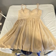 Beige Chiffon A-Line Short Party Dress, Sleeveless, Lace-Up Back, Ruched Accents