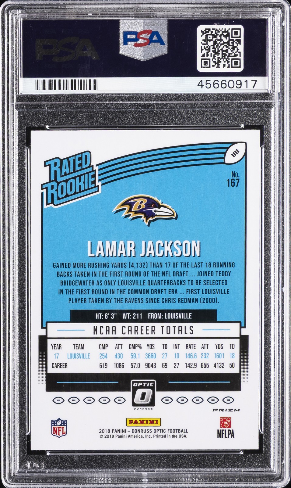 2018 PANINI DONRUSS OPTIC HOLO #167 LAMAR JACKSON ROOKIE RC PSA 10 view 2