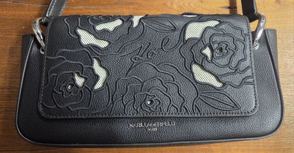 Bolso de Hombro Karl Lagerfeld Paris Monet Cuero Negro Diseño Flor Foto 2 de 4