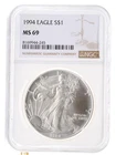 United States 1994 1 Oz .999 Fine ASE Silver American Eagle NGC Graded MS69 Coin