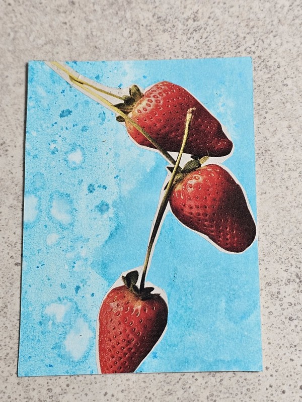 ACEO TheArtofKatie Collage Strawberries Watercolor Magazine Abstract 2.5x3.5"