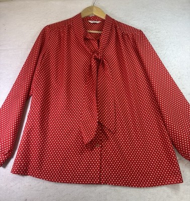 Vintage Sears Pussy Bow Secretary Blouse Sz XL Red Polka Dot Pinup Girl Button
