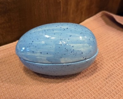Vintage Ceramic Egg Trinket Box, Blue Speckled, Easter 