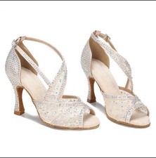 Womens Mesh Diamante Latin Dance Salsa Ballroom Girls High Heel Party Shoes